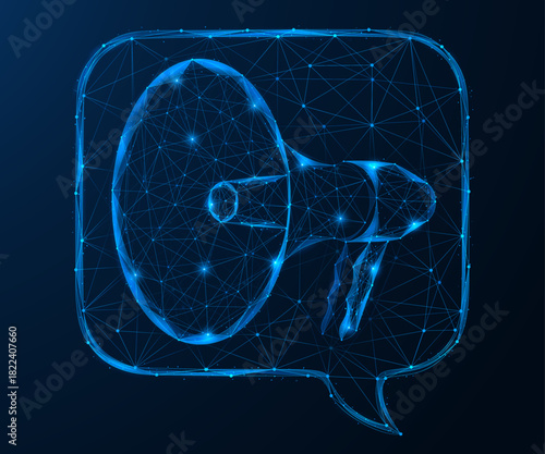 A digital advertisement. A megaphone inside the dialog message. The concept of broadcasting information, marketing notifications, online advertising and communication in a digital environment.