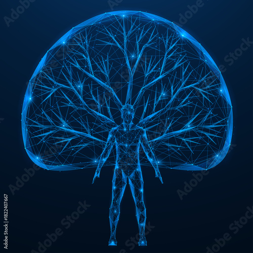 Digital branches of the mind. The figure of a man, behind whose back the tree of knowledge opens. The concept symbolizes the development of intelligence, neural connections and biotechnology.