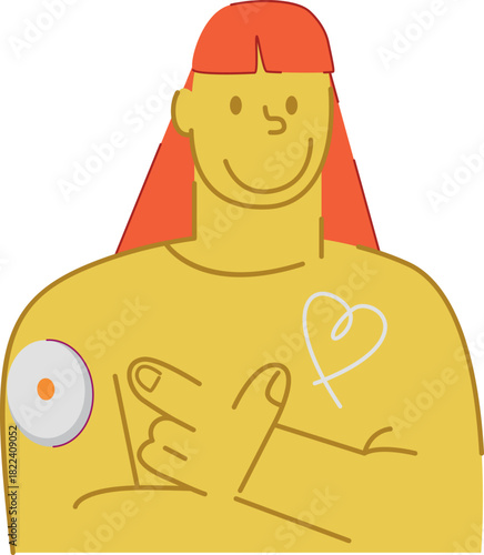  Vector illustration of a young man with type 1 diabetes, a character for an educational medical health resource, a sensor for measuring sugar, helping people