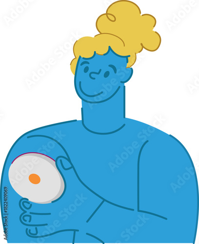  Vector illustration of a young man with type 1 diabetes, a character for an educational medical health resource, a sensor for measuring sugar, helping people