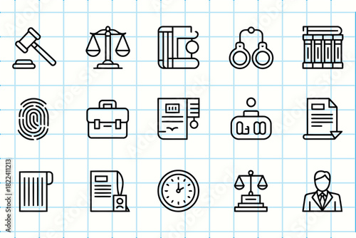Doodle style law and justice icons collection, legal concept
