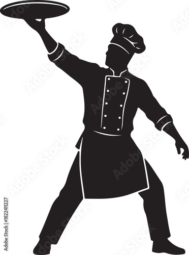 Chef silhouette raising a serving tray confidently, representing culinary excellence and professional catering service. restaurant worker avatar.
