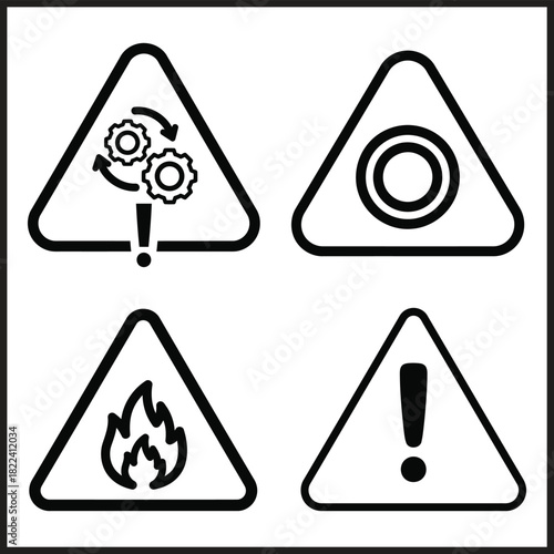 Warning signs icons for machinery fire and general hazard Keywords: warning, sign, icon, hazard, danger, alert, attention, caution, risk, machinery