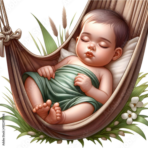 Sleeping baby in woven hammock with green cloth and flowers, Soft natural newborn illustration