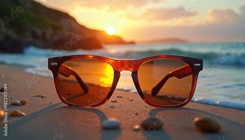 Wallpaper Mural Stylish brown frame sunglasses rest on warm sunlit sandy beach. Golden sun sets over calm blue ocean, reflecting brightly in lenses. Gentle waves wash ashore near smooth small pebbles. Perfect Torontodigital.ca