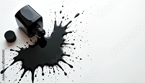 Black ink bottle fell over, spilling fluid in a splatter mess on white surface. Drops and dark stain spread out creating abstract pattern. Creative messy accident with liquid.
