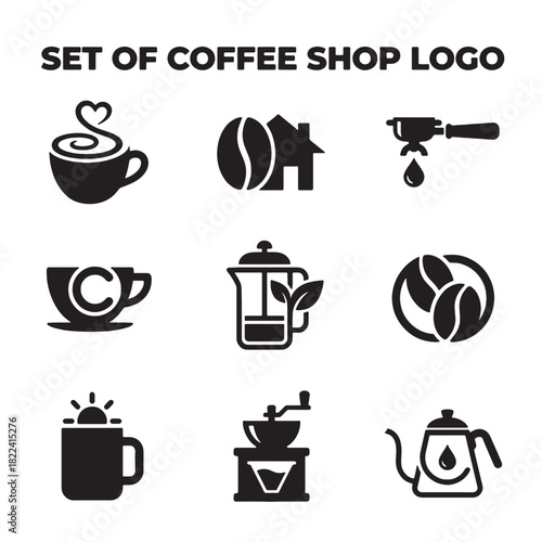 Minimalist black and white vector coffee shop logo icon set featuring various coffee symbols, perfect for branding and modern shop design.