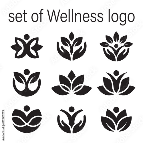 A set of abstract wellness logo icons featuring nature-inspired designs for health, yoga, and spa branding, conveying holistic well-being.