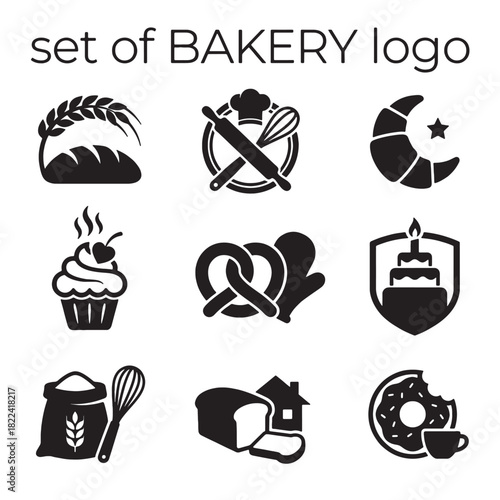 Clean set of black and white bakery vector icons showcasing delicious food, baking essentials, and sweet pastries and desserts for brand identity and menus.