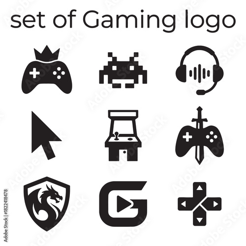 Modern Gaming Logos Vector Icons Collection: Black Esports Symbols Featuring Controllers, Headsets, and Dragon Shields for Creative Design Projects.