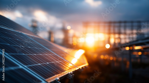 Fototapeta Naklejka Na Ścianę i Meble -  Photovoltaic power station installation defocused solar background renewable energy facility electricity generation plant sustainable power production with copy space