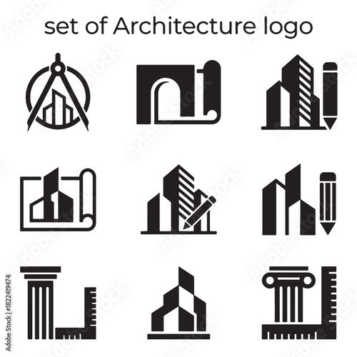 A versatile set of black vector architecture logo icons for building and construction design, perfect for engineering brand identity.