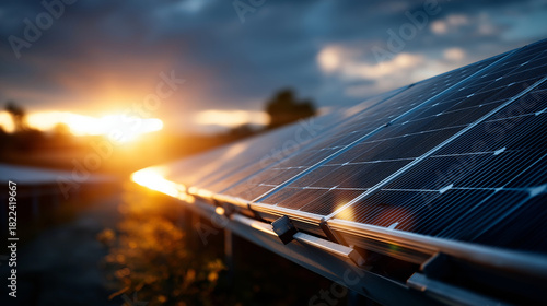 Fototapeta Naklejka Na Ścianę i Meble -  Photovoltaic power station installation defocused solar background renewable energy facility electricity generation plant sustainable power production with copy space