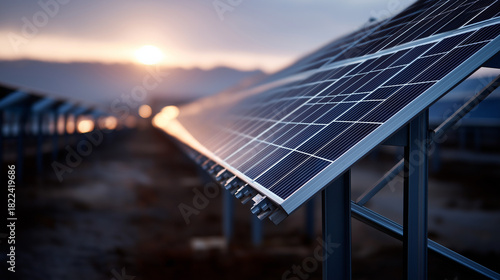 Fototapeta Naklejka Na Ścianę i Meble -  Photovoltaic power station installation defocused solar background renewable energy facility electricity generation plant sustainable power production with copy space