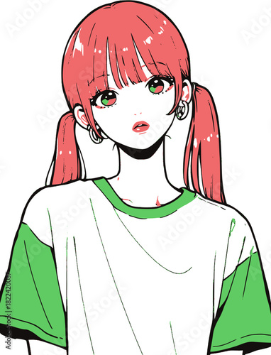 かわいい女の子のポートレート（ピンク髪・Tシャツ）