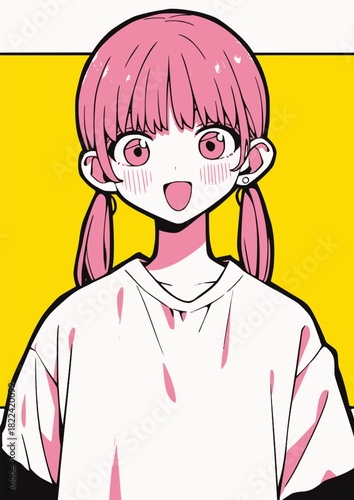 かわいい女の子のポートレート（ピンク髪・Tシャツ）