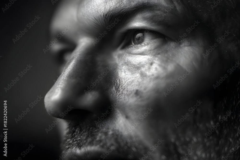 Obraz premium Monochrome portrait of a person looking to the side in dramatic light
