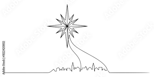 Star of Bethlehem over city skyline continuous one line drawing Nativity scene minimalist vector illustration