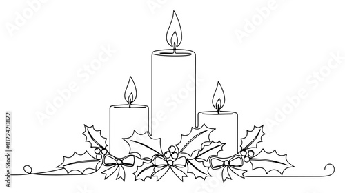 Continuous one line drawing of three Christmas candles with holly leaves and berries minimalist vector illustration of holiday advent centerpiece