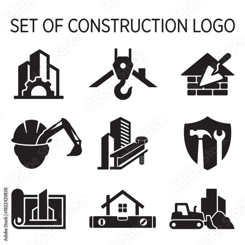 This comprehensive set of modern construction and building icons features clean vector silhouette designs for engineering, architecture, industrial tools, and branding projects.
