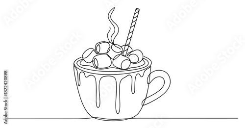 Continuous one line drawing of hot chocolate cup with marshmallows and straw minimalist vector illustration of cozy winter drink
