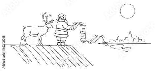 Santa Claus reading wish list with reindeer on roof continuous one line drawing vector illustration