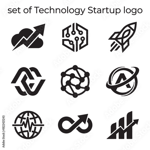 Set of modern technology startup logos and icons, a vector collection symbolizing growth, business, and digital innovation for new company branding projects.