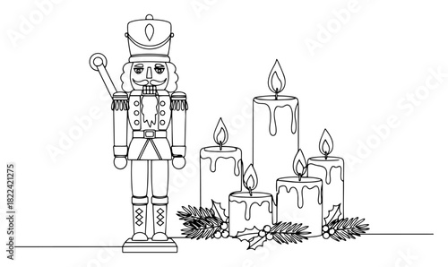 Continuous one line drawing of traditional Nutcracker soldier and burning candles with holly minimalist vector illustration for Christmas decoration