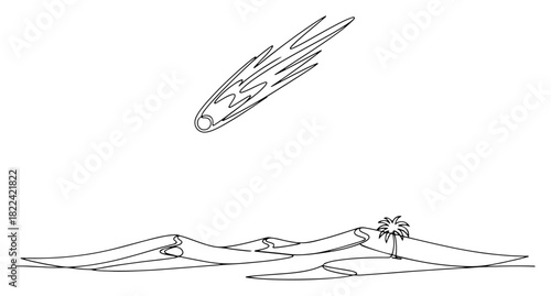 Comet flying over a desert landscape with sand dunes and a palm tree Christmas vector illustration in black and white line art style