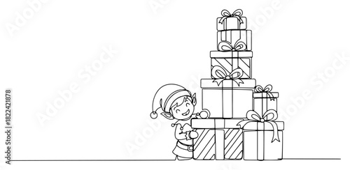 Continuous line drawing of cute Christmas elf peeking behind stack of gift boxes Winter holiday vector illustration in minimalist style