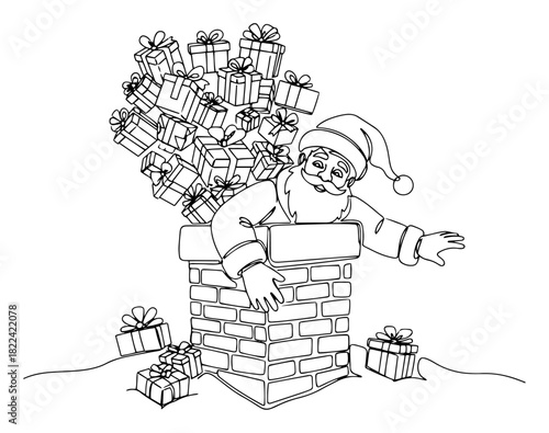Santa Claus climbing out of a brick chimney with a massive pile of gifts on his back Christmas vector illustration in black and white line art style