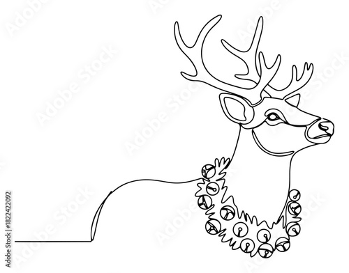 Christmas reindeer with antlers and jingle bells collar continuous line drawing black and white vector illustration for coloring page