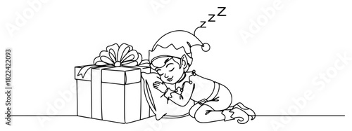 Sleeping Christmas elf resting against gift box continuous line drawing black and white vector illustration for coloring book