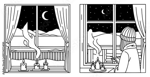Cozy winter window scene with burning candles and a person holding a hot drink looking at the snowy night vector illustration in black and white line art style