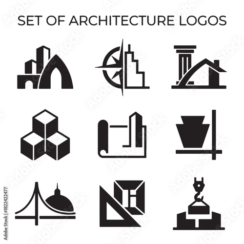 Modern Architecture Logos and Icons Set with Abstract Building and Construction Engineering Design Vector graphics, perfect for business branding.