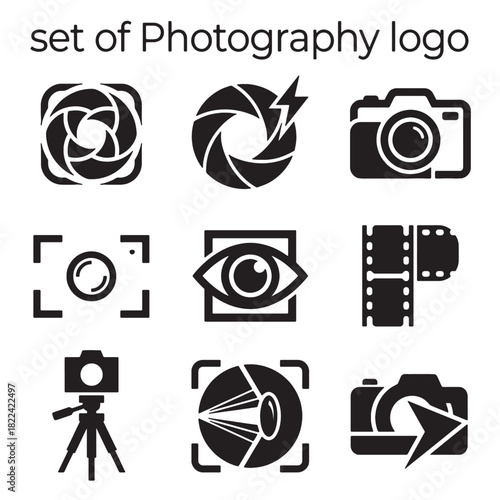 Set of nine black photography vector icons and logo designs, featuring camera, shutter, flash, and film strip elements for modern creative projects.