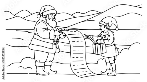 Santa Claus reading long wish list held by little elf with gift box continuous line drawing vector illustration