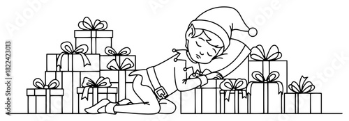 Continuous line drawing of tired Christmas elf sleeping among stack of gift boxes Winter holiday vector illustration in minimalist style