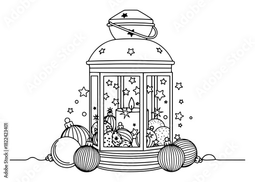 Decorative Christmas lantern filled with baubles and stars alongside a candle vector illustration in black and white line art style
