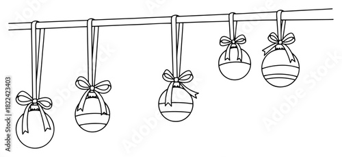 Hanging Christmas baubles with bows on string vector illustration in minimalist outline style