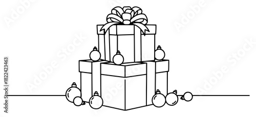 Stack of wrapped Christmas gift boxes surrounded by small baubles vector illustration in line art style