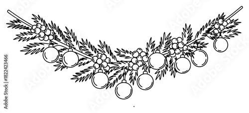 Decorative Christmas garland made of pine branches and baubles vector illustration in sketch style