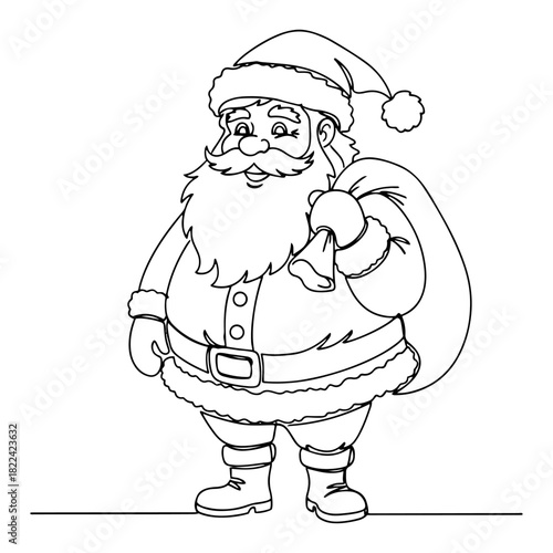 Smiling Santa Claus character standing and holding a heavy sack of gifts vector illustration in black and white line art style