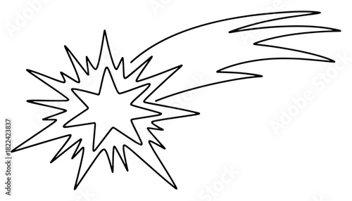 Shooting star of Bethlehem with long light tail continuous line drawing black and white vector illustration