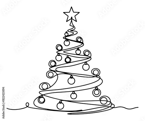 Stylized spiral Christmas tree with hanging baubles and star continuous line drawing vector illustration