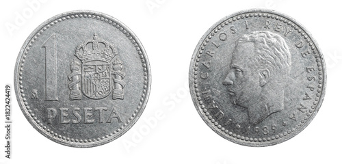 Spain one peseta coin on white isolated background