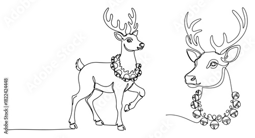 Set of two Christmas reindeer wearing collars with jingle bells vector illustration in black and white line art style