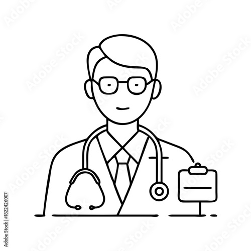 Line art illustration of a male doctor with stethoscope and glasses, representing healthcare professionals and medicine.