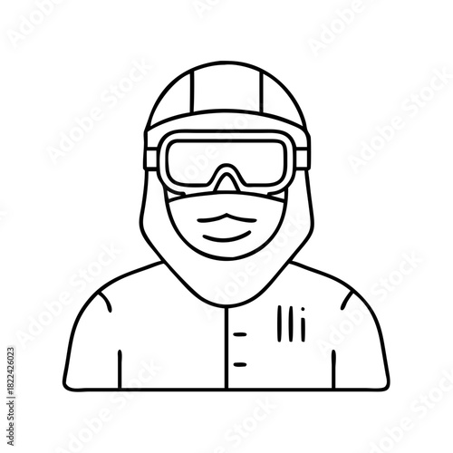 Line art icon of a worker in full personal protective equipment, safety helmet, goggles, and face mask