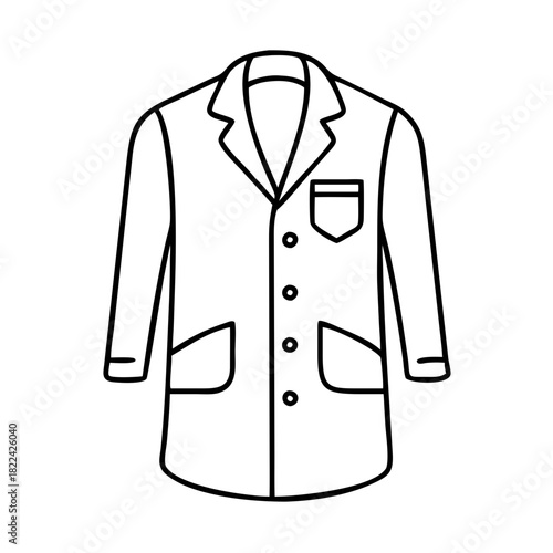 Outline vector icon of a classic white lab coat with pockets, representing science, medical research, and healthcare profession.